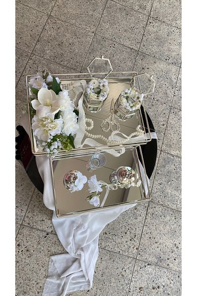 Z&B FLOWERS صينية وعد، صينية زجاجية فضية، صينية خطوبة، صينية خطوبة للقهوة