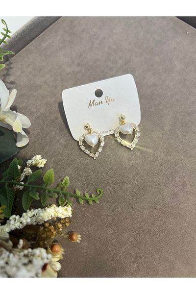 VİYA Gold Zircon and Pearl Stone Heart Motif Steel Earrings