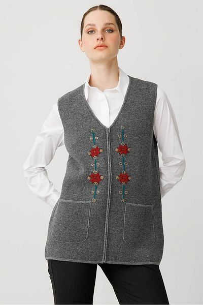 Desen Triko Women's V-Neck Embroidery Embroidered Short Wool Vest Smoked
