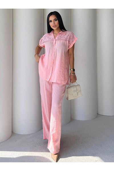 EGZOTİK ASORTİK Shirt with Fisto Detail and Pants with Lace Stripe Suit