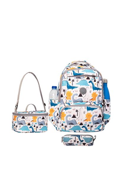 Alone Set de 3 ghiozdane pentru școală primară - rucsac + nutriție + suport pentru stilou 8581 model dinozaur