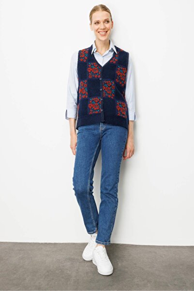 Desen Triko Kadın Pıtırcık Çiçekli Patchwork Keçe Yün Yelek K.Kiremit