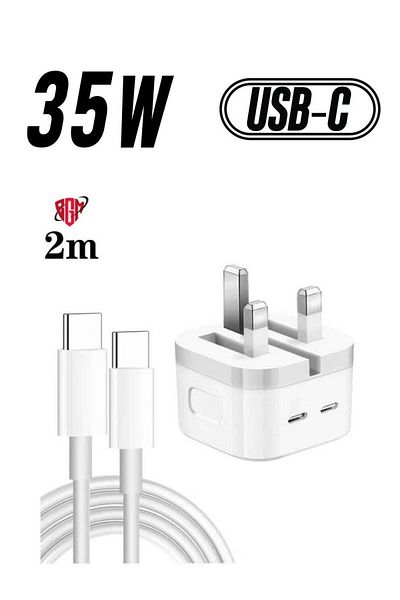 Shopi PD 35W Dual USB-C / Type-C Ports Charger with 2m Type-C to Type-C Data Cable, UK Plug