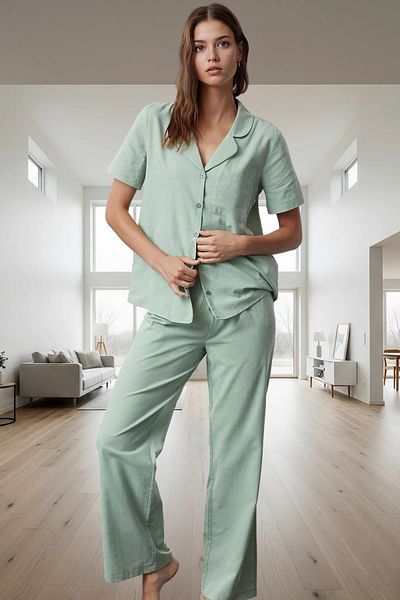 PayBuy Women's Casual Cotton Pajamas Set Short Sleeve Shirt Collar Wide Leg Home Wear for Daily Use