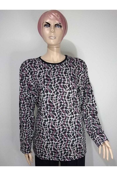YAŞAR TRİKO Women's Black Beige Lilac Crew Neck Long Sleeve Patterned Slit Woven Viscose Mother Combed Cotton T-Shirt
