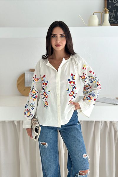 FEMELLE Cămașă din bumbac brodată complet cu mâneci largi, albă, pentru femei
