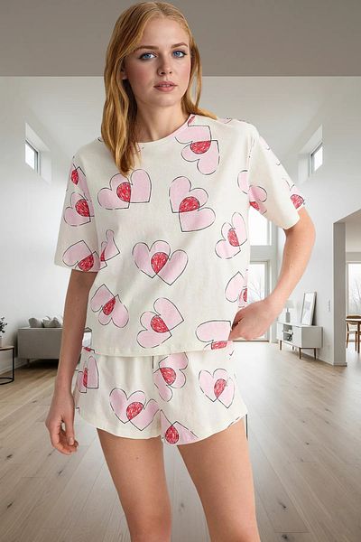 PayBuy Women's Heart Cotton Short Sleeve Pajama Set Comfortable Home Wear for Summer Daily Use and Stylish