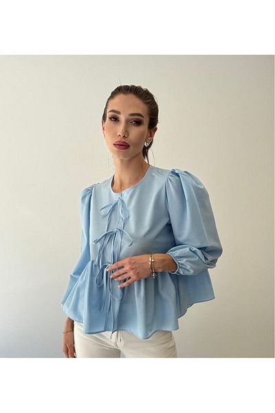 GALAVİP Women's Crew Neck Bow Tie Princess Sleeve Poplin Blouse