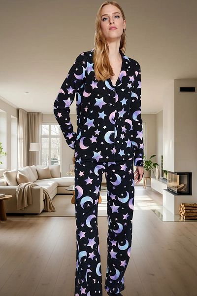 PayBuy Women's Long Sleeve 100% Cotton Pajama Set Galaxy Pattern Casual Comfortable Cut