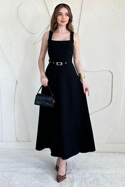 Elbee Fashion Woman Atlas Fabric Dress with Belt Detail