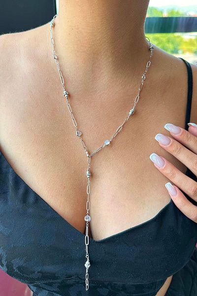 TAKIŞTIR Silver Color Stone Detailed Steel Y Necklace