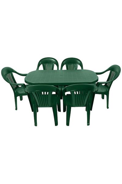sterk Oval Table and 6 Chairs Set, for garden, green color, made of plastic (polypropylene), 135x70x72