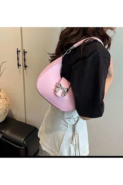 MirazTasarim Y2K Women's Leather Butterfly Decorated Y2K Trend Powder Pink Bag
