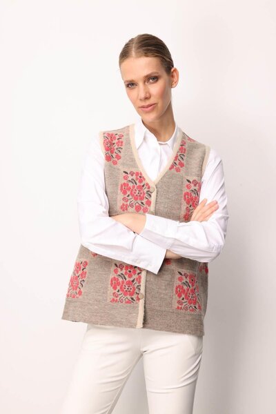 Desen Triko Women's Pıtırcık Floral Patchwork Felt Wool Vest Beige_Y.Ş.Pink