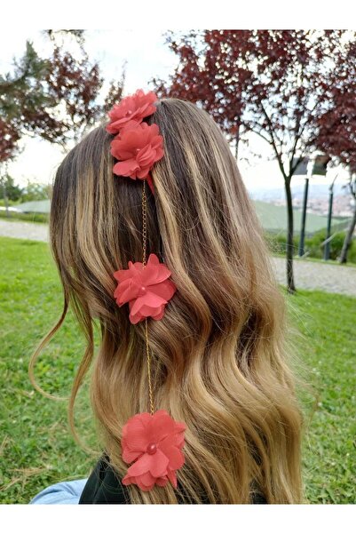 MutluBiDünya Şifon Çicekli İncili Tek Taraflı Sallantılı Taç