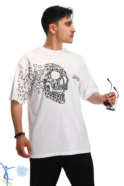 sermoda Loose Cut Skull Patterned Unisex T-Shirt T-Shirt over Size T-Shirt White