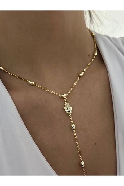 MyladyAccessoriess Fatma Ana Hand Necklace with Zircon Stone and Topcuk Detail