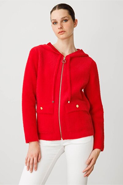 Desen Triko Women's Hooded Zippered Short Knitwear Sweatshirt Y.Red