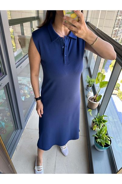Elif Özbey Butik Navy Blue Polo Neck Zero Sleeve Modal Dress