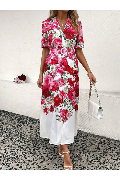 UniqueStore.ro Rochie lungă cu imprimeu floral și curea în talie