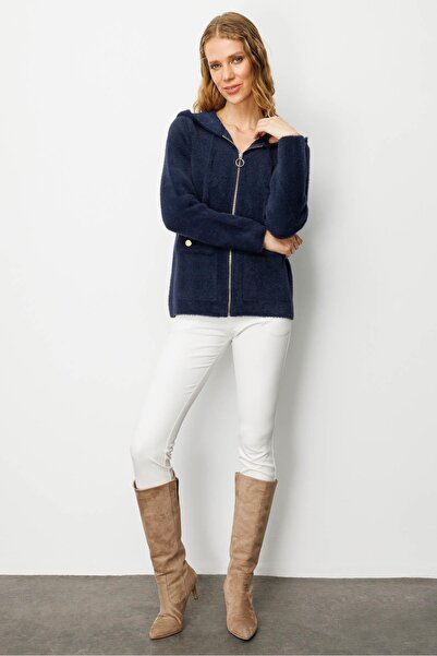 Desen Triko Women's Hooded Zippered Short Knitwear Sweatshirt Navy Blue