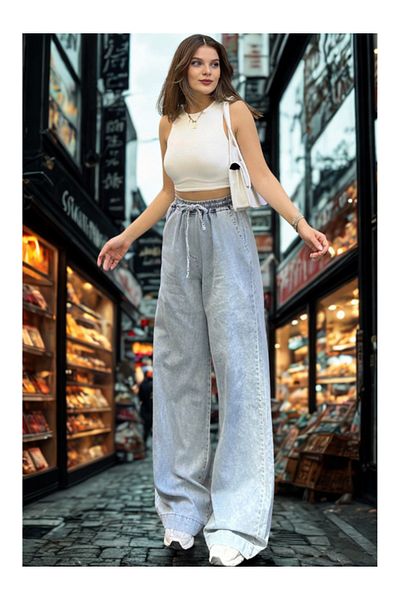 kotmodası Camelia Pantaloni de damă, albastru deschis, cu talie elastică, cu șireturi, buzunare, pantaloni palazzo cu picioare largi - potriviti pentru hijab