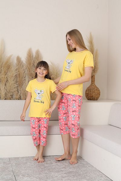 KAPİTEX Mother Daughter Short Sleeve Crew Neck Kuala Printed Gray Color Mother Pajamas Set