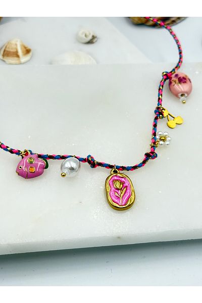 Unzilee Handmade String Necklace with Rose and Fish Motif