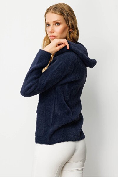 Desen Triko Women's Hooded Zippered Short Knitwear Sweatshirt Navy Blue