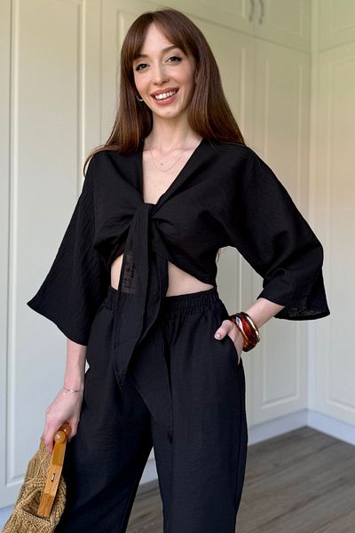 Dilay Gökoğlu Butik Women's Crop Blouse Front Tie Detail Set
