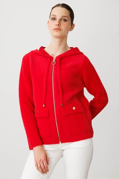 Desen Triko Women's Hooded Zippered Short Knitwear Sweatshirt Y.Red