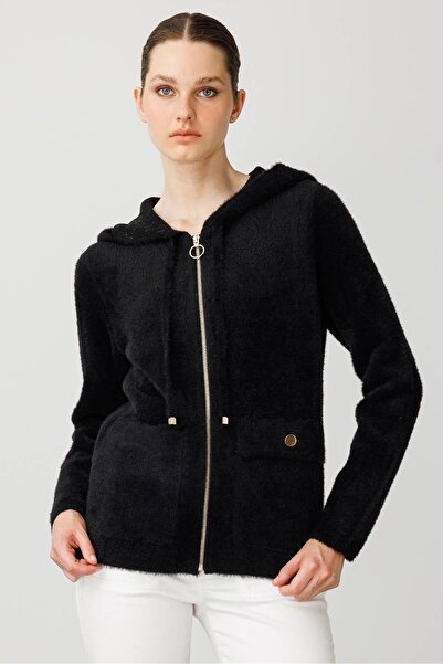 Desen Triko Women's Hooded Zippered Short Knitwear Sweatshirt Black