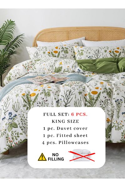 LUNA HOME King size 6 piece bedding set adorned with green leaves 220x240cm.