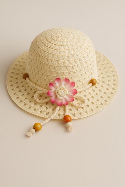 ESİLA KİDS Girls' Pink Bow Summer Straw Hat with Pearl and Bead Decoration 3-8 Years Old