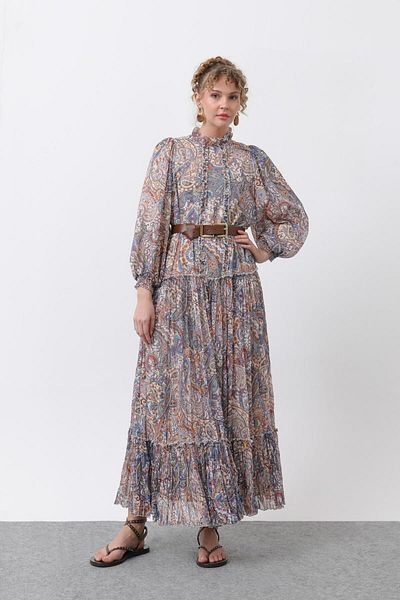 Puane Women's Ruffle and Belt Detailed Patterned Dress 12616Elb