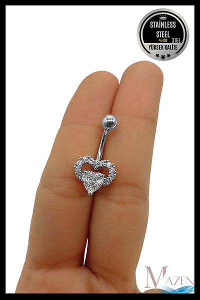 MAZEN Silver Color Heart Stone Belly Piercing |   316L Steel |   Blackening |   Elegant and Sparkling Design
