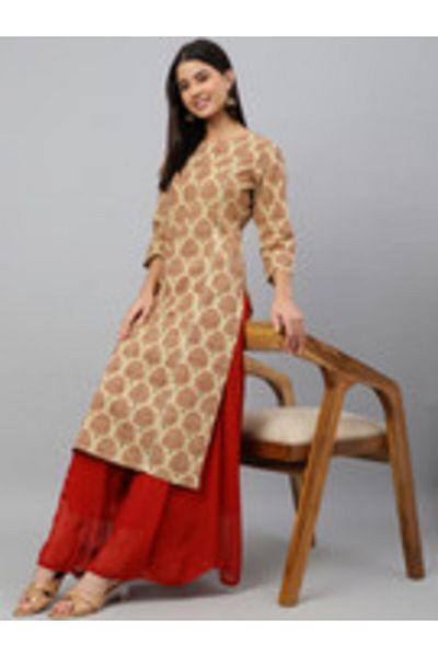 IndHeritage Premium cotton office / casual kurti - Cream colour kurti / kurta for women with red ethnic prints
