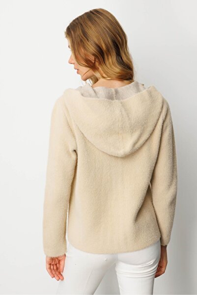 Desen Triko Women's Hooded Zippered Short Knitwear Sweatshirt Beige