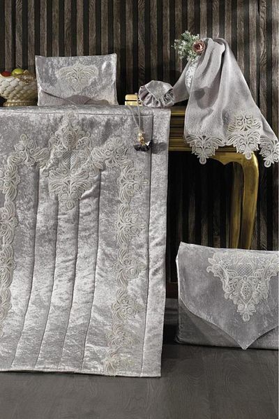 Çeyiz Diyarı Hüma Velvet Prayer Rug Set Gray