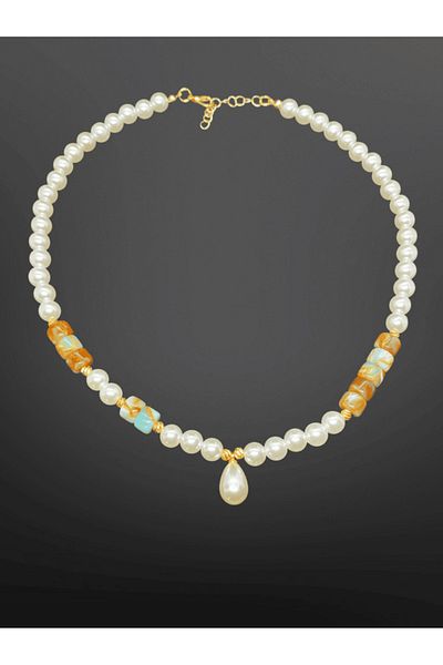 FM Bohemian Pearl Model Gold Detailed Bijoux Necklace with Colorful Natural Stones |   Ethnic Colorful Design