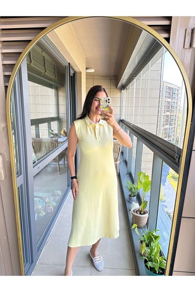 Elif Özbey Butik Yellow Polo Neck Zero Sleeve Modal Dress