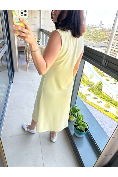 Elif Özbey Butik Sarı Polo Yaka Sıfır Kol Modal Elbise