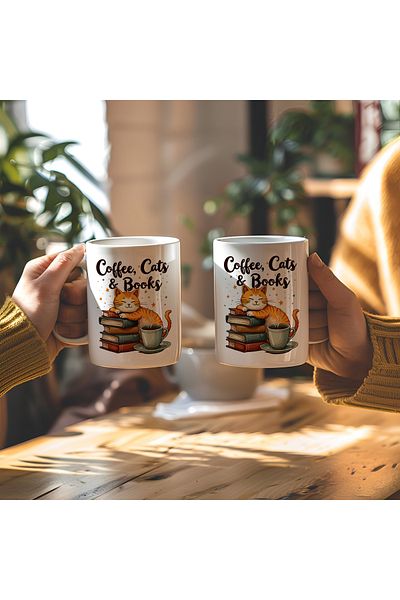 BB TRADE Coffee Cats Books White Ceramic Printed Mug with Black Text Design 330ml