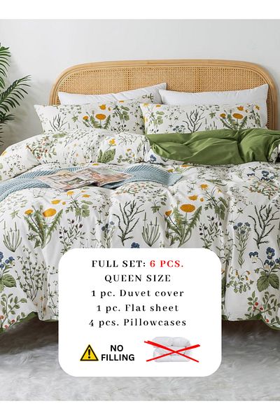 LUNA HOME Queen size 6 piece bedding set adorned with green leaves 200x230cm.