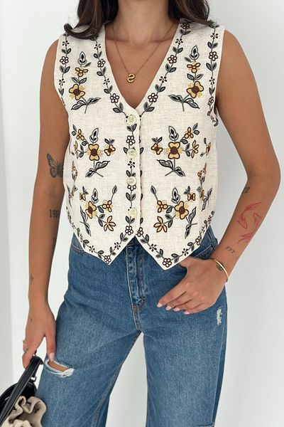 FEMELLE Vestă fără mâneci cu model etnic bej pentru femei, cu nasturi, decolteu în V, broderie elegantă boemă