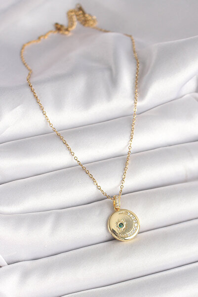 ForWhat قلادة على شكل نجمة هلالية مع سلسلة من الفولاذ الذهبي من الزركون للمرأ...