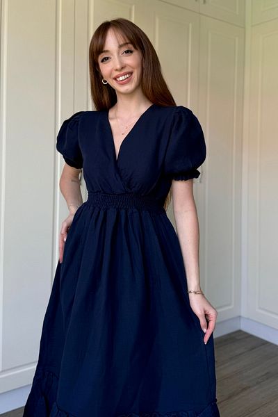 Dilay Gökoğlu Butik Navy Blue Muslin Fabric Short Sleeve Dress