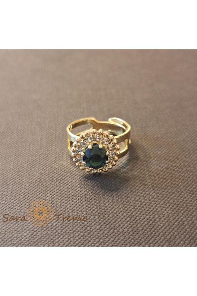 saratremo Adjustable Flower Ring with Navy Blue Crystal Plated in 18k Gold - Origin Brazil