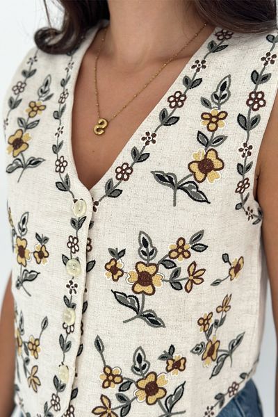 FEMELLE Vestă fără mâneci cu model etnic bej pentru femei, cu nasturi, decolteu în V, broderie elegantă boemă