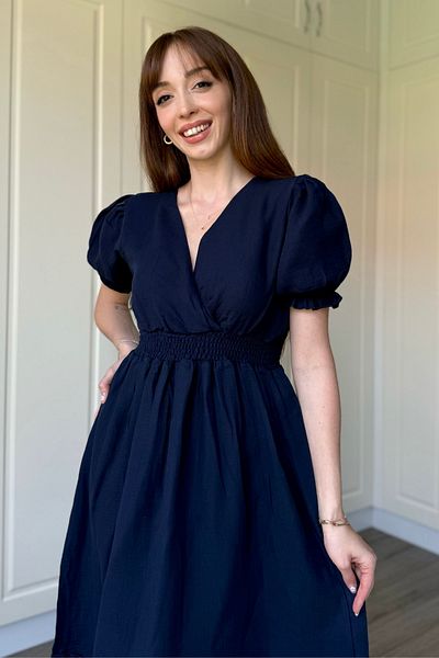 Dilay Gökoğlu Butik Navy Blue Muslin Fabric Short Sleeve Dress